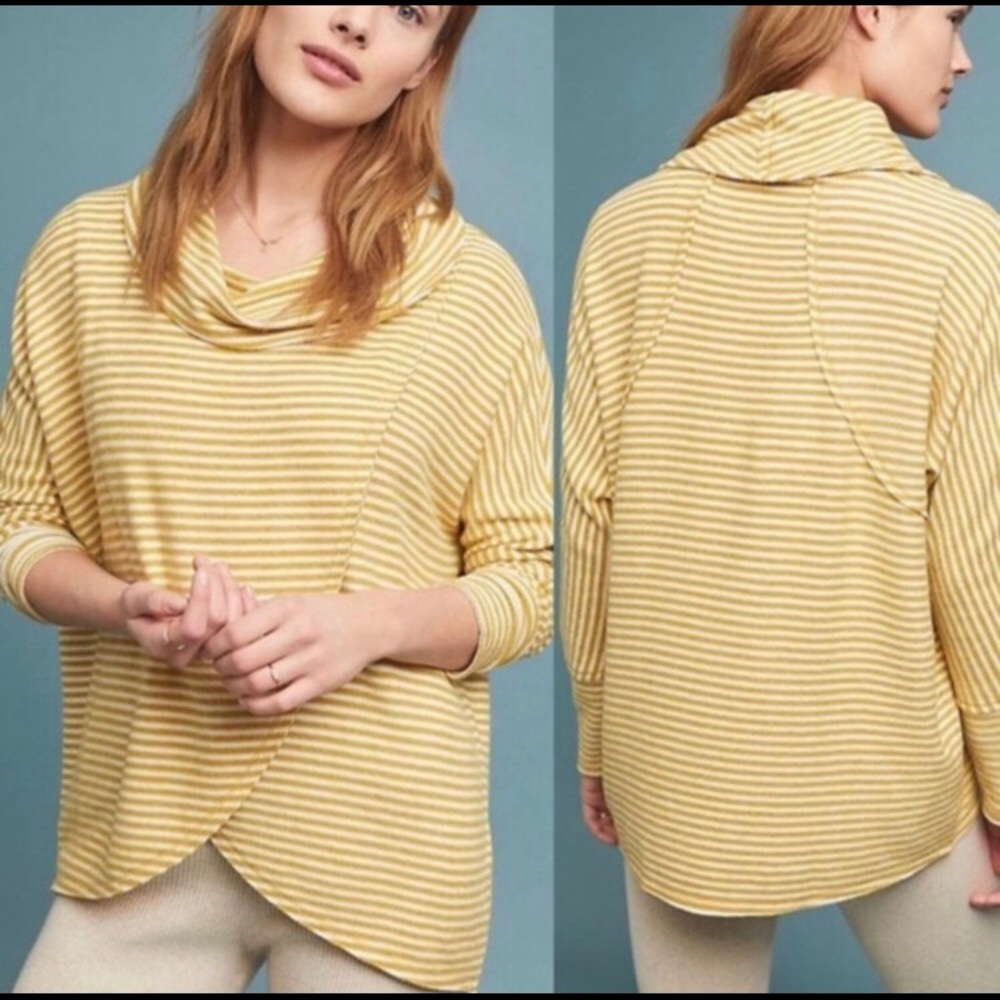 Anthropologie Saturday Sunday M Yellow Striped Cowl Neck Sweater Warm and Cozy